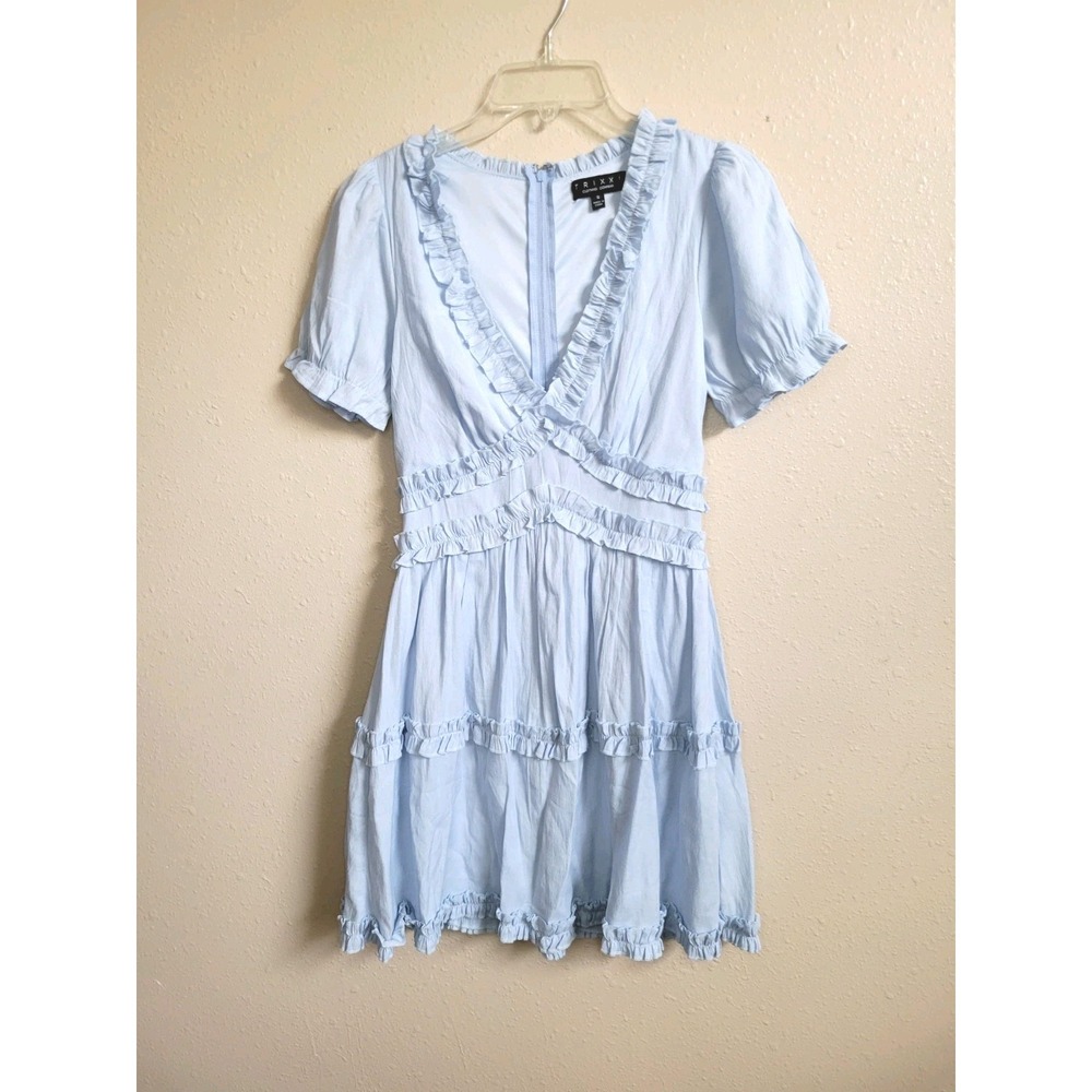 Trixxi Women's Light Blue Dress‎ Ruffle Short Sleeve Feminine Preppy Sz S
